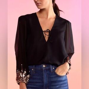 NWOT Cynthia Rowley Selene Black Silk Sequin Cuff Women's Blouse